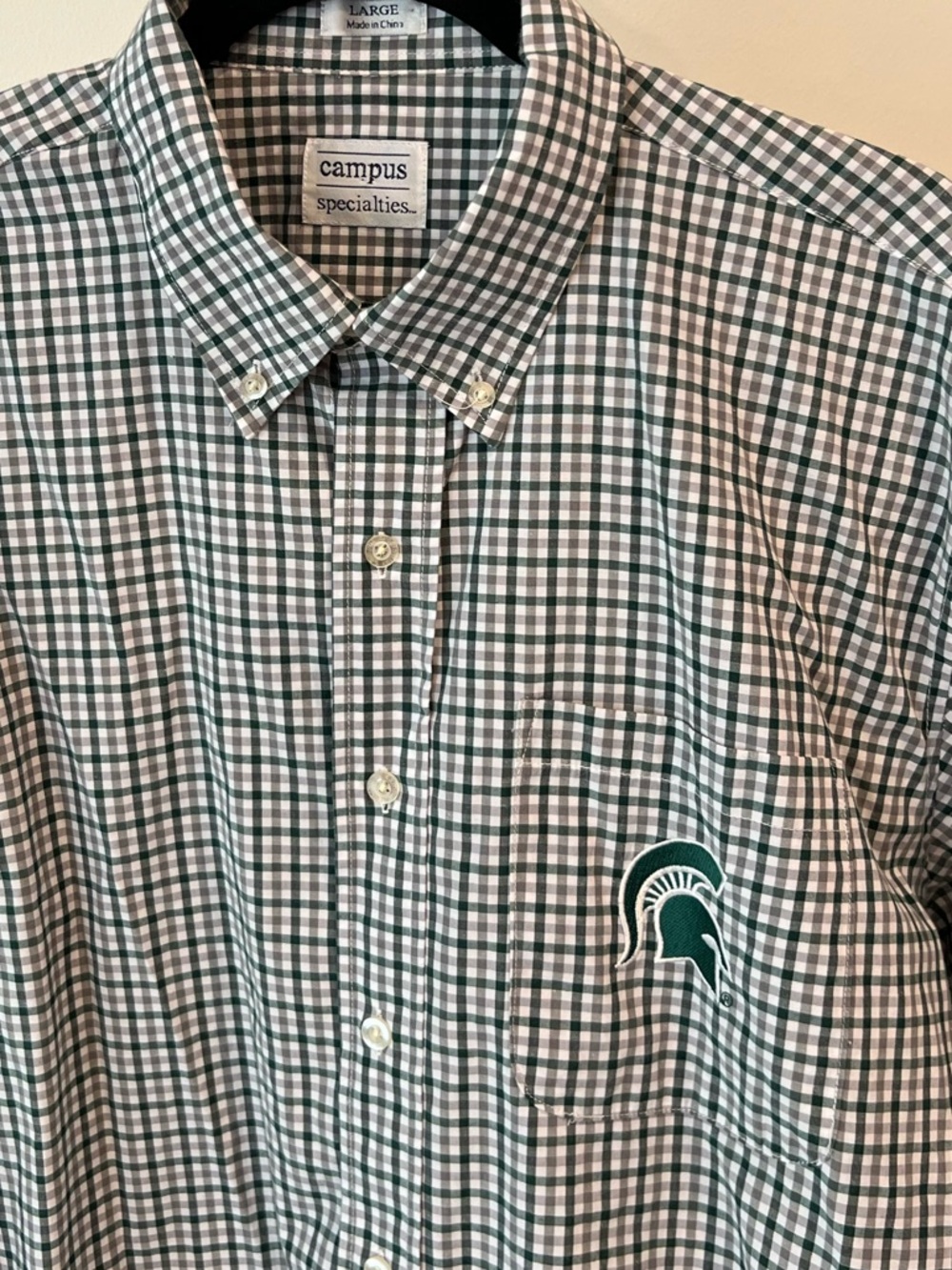 Michigan State Spartan Green and White Check Button Down Oxford Shirt Mens Large
